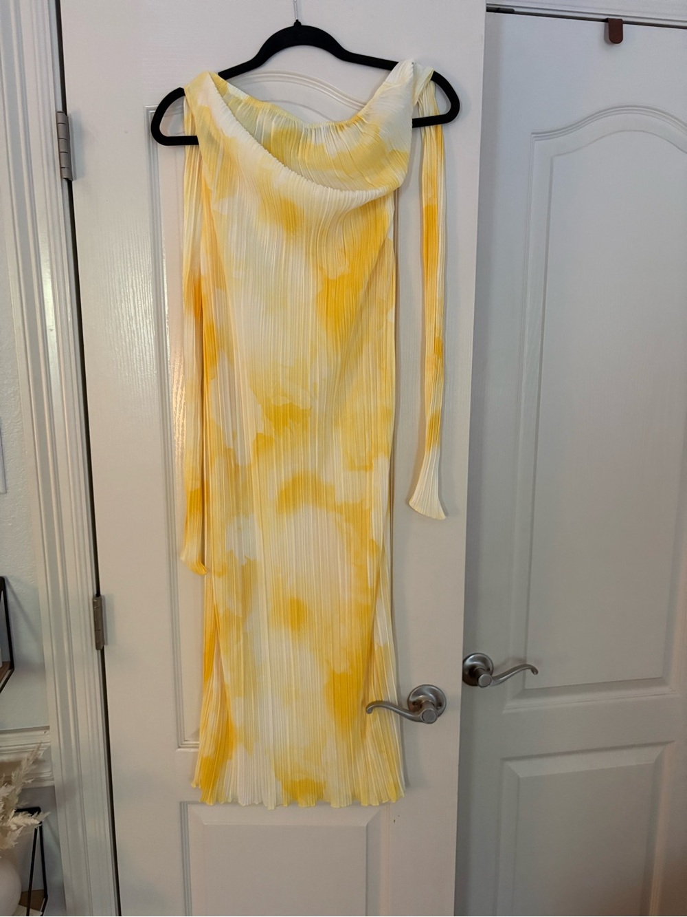 Yellow & White Pleated Cowl Neck Midi Dress